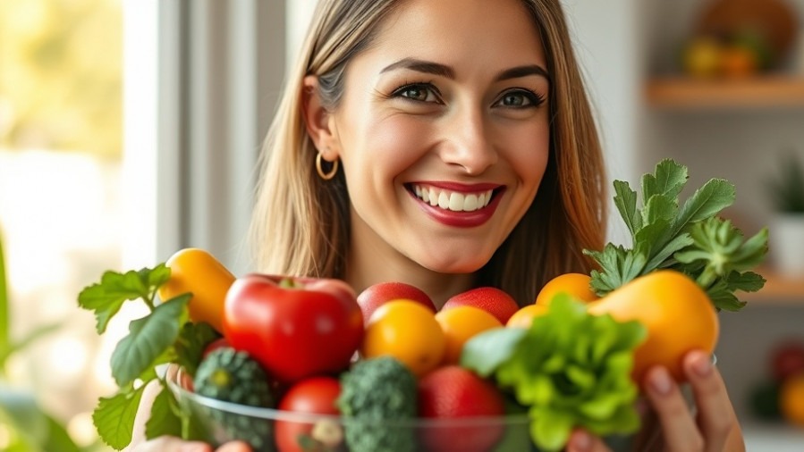 Serene woman smiling with fresh fruits, embodying health and wellness.