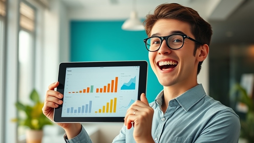Excited young professional in a vibrant office, showcasing charts on a tablet.