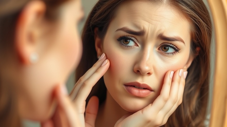 Woman in her thirties examines her face, highlighting collagen loss symptoms.