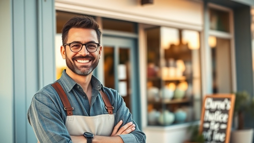 Smiling local business owner outside a stylish storefront at golden hour.