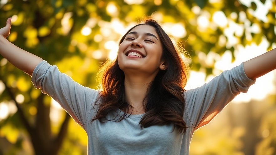 A young woman embraces freedom outdoors, embodying energy management and mindfulness.