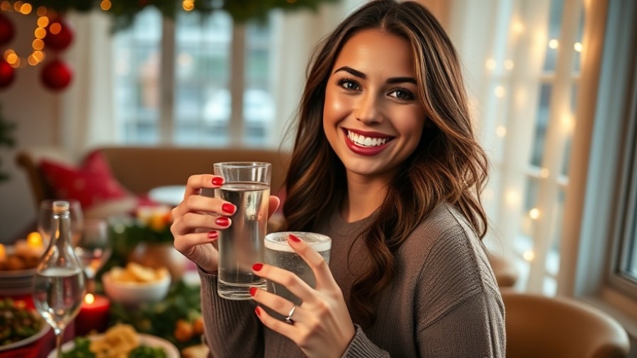 Smiling young woman with sparkling water at a holiday party, showcasing hangover prevention and festive nutrition.
