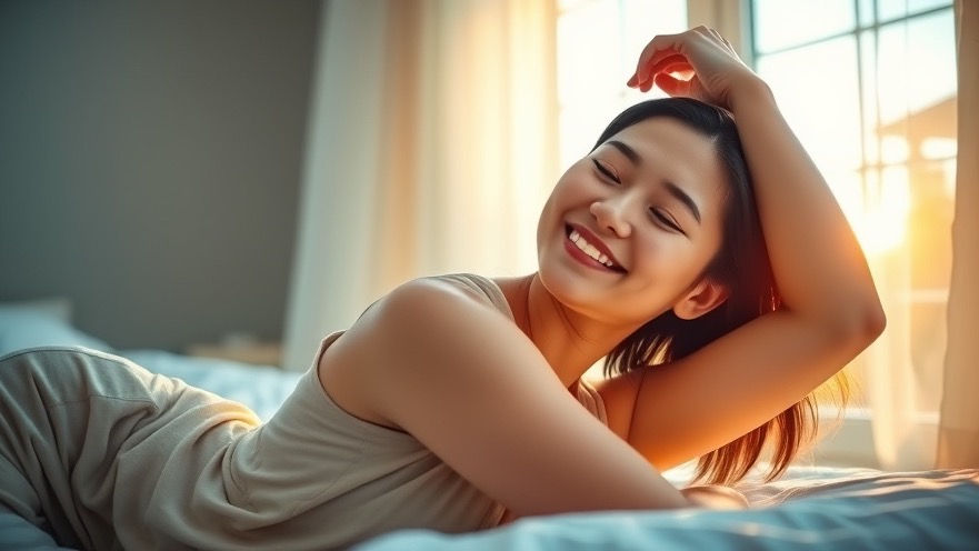 Relaxed young woman stretching in soft morning light for better sleep habits.