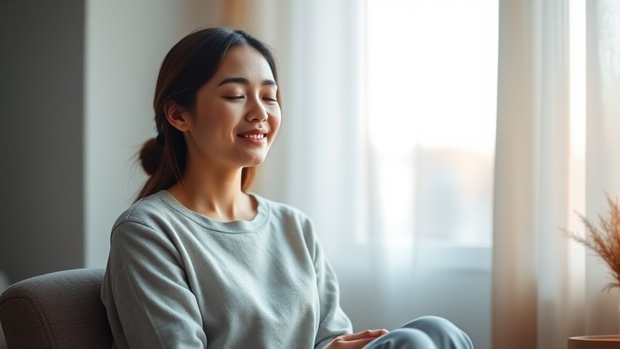 Calm woman practicing mindfulness techniques for mental peace, serene expression.