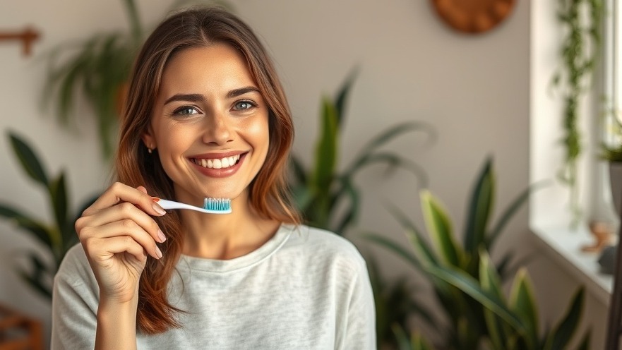 Woman promotes oral hygiene and appetite control with a smile in a leafy indoor setting.