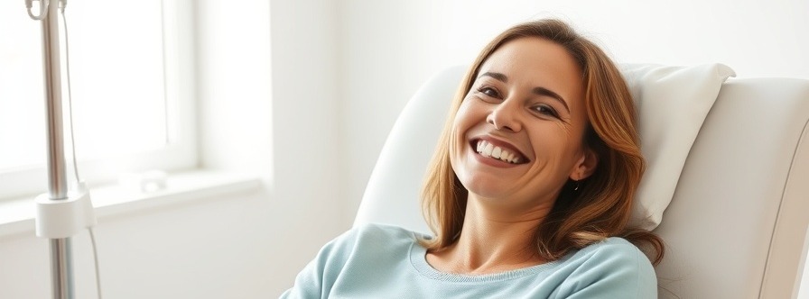 Joyful woman in a modern clinic, IV drip, refreshed energy, bright morning light.