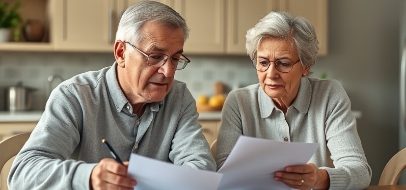 Worried older couple reviewing documents at a kitchen table, soft lighting.