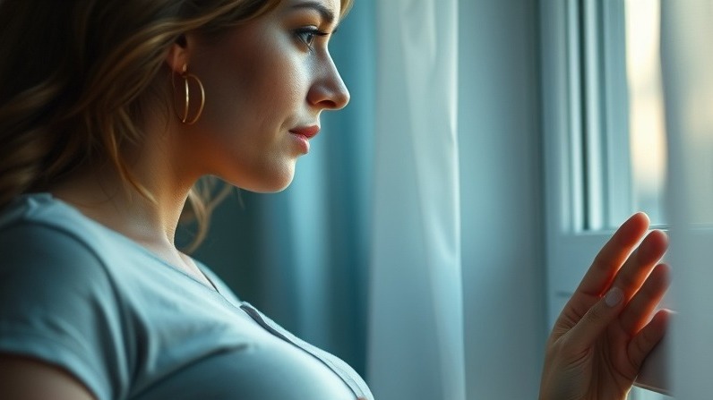 Pregnant woman in soft light, reflecting on maternal health risks and hyperemesis gravidarum.