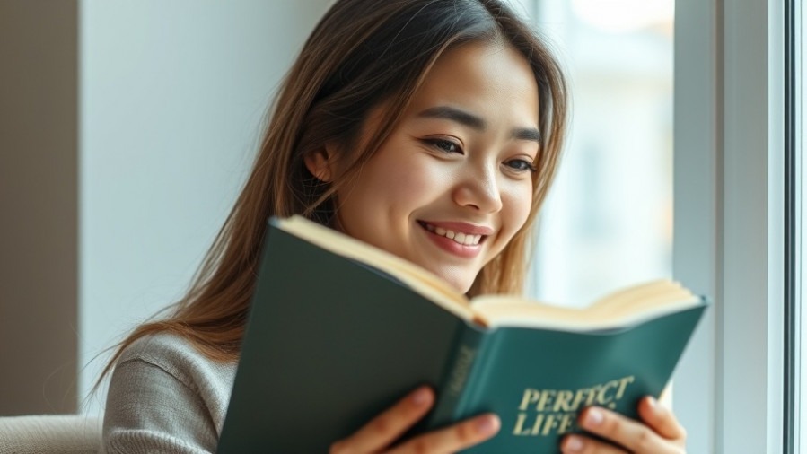 Relaxed woman smiles as she closes 'Perfect Life' book, embracing mental health.