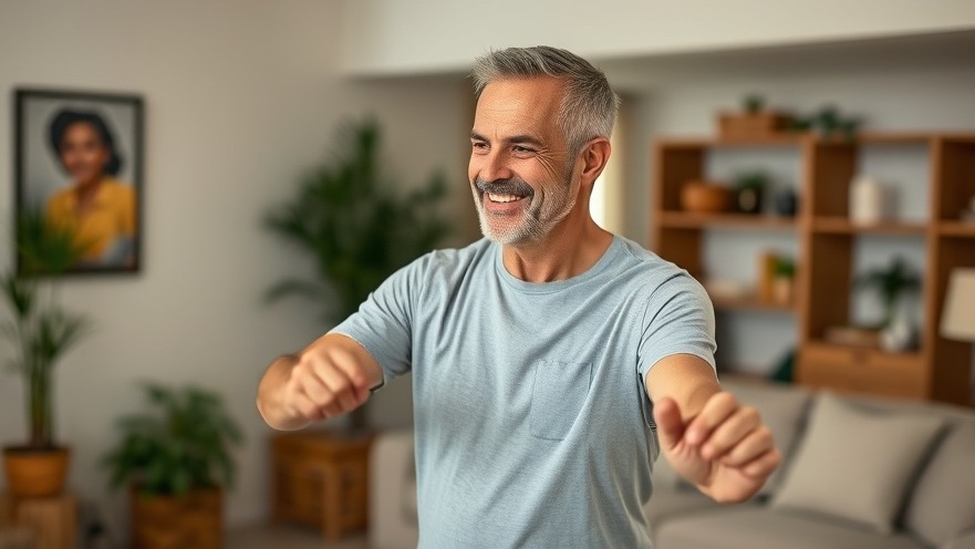 Middle-aged man practicing balance training in single-leg stance at home.