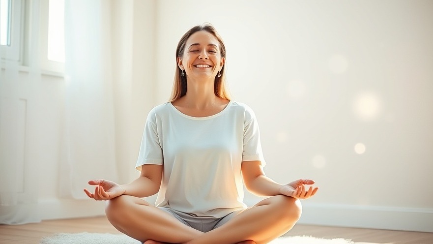 Calm woman meditating in a sunlit room; embodying stress management and holistic well-being.