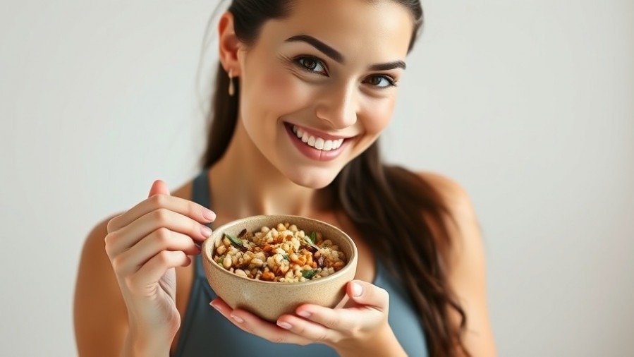 Fit woman joyfully holding grains, showcasing healthy carbohydrates for weight management.