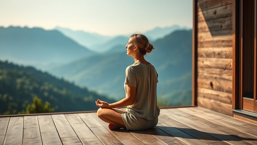 Woman in meditation at a serene self-care retreat, surrounded by lush mountains.