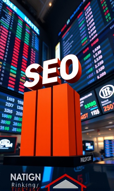 dynamic SEO ranking, triumphant, achieving top position, photorealistic, bustling stock market setting with large screens displaying ranks, highly detailed, animated numbers and graphs, crisp resolution, high contrast, artificial lighting, shot with a telephoto lens