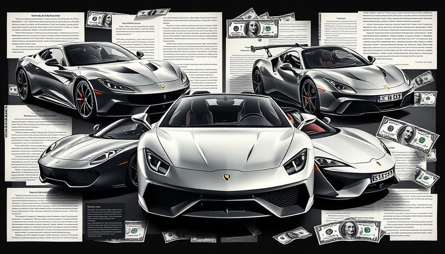 Collage of sports cars and portrait, hinting at billionaire's son scam.