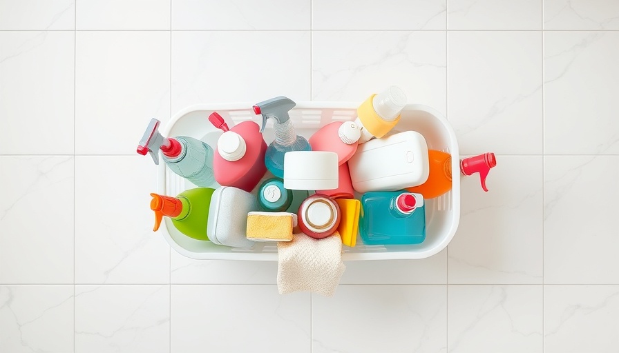 Top view of cleaning supplies in a caddy on marble floor for fall cleaning checklist.