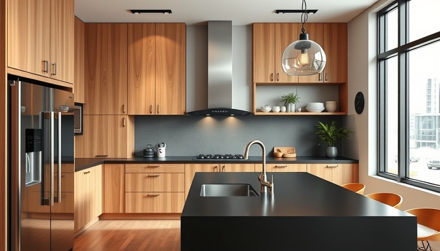 Modern minimalist kitchen in California homes with black island.