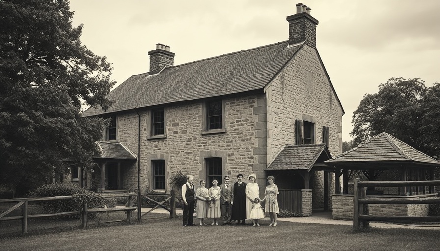 Historic home with family, vintage photo, nostalgic ambiance.