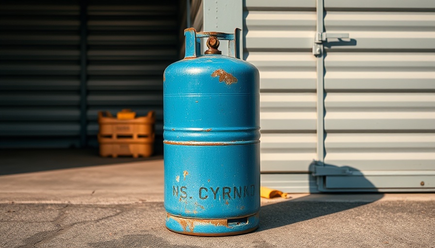 Gas cylinder outside winter garage storage area.