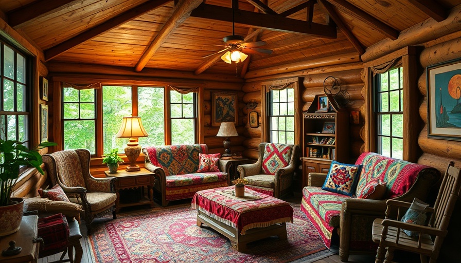 Cozy cabin interior with folk art decor, colorful quilts, wooden furniture.