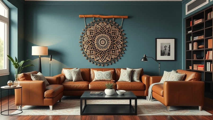 Stylish living room decor featuring a brown leather sofa and wall art.
