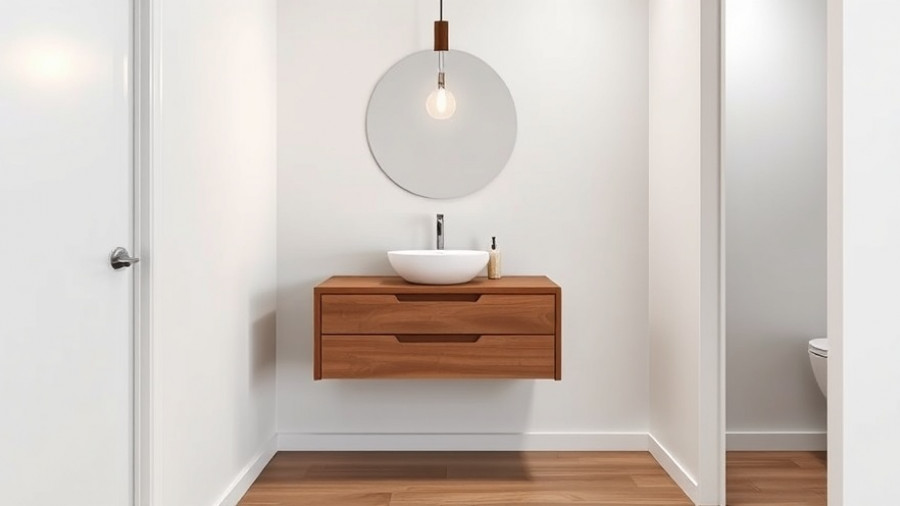 Modern powder room in California home with wood vanity and gray tiles.