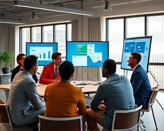 innovative marketing campaign, excited, pitching ideas, photorealistic, modern conference room with presentations, highly detailed, team discussing around a table, macro details, vibrant primary colors, soft ambient lighting, shot with a 35mm lens.
