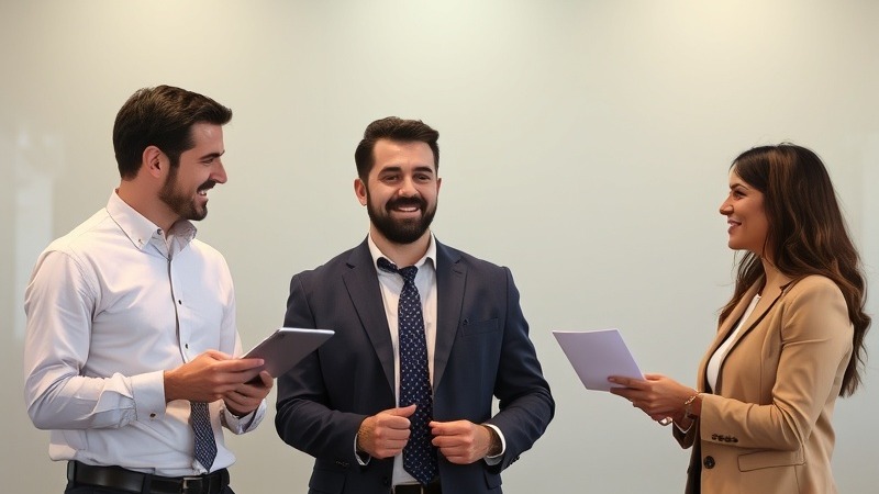 Business partners collaborating on a project at a modern office.