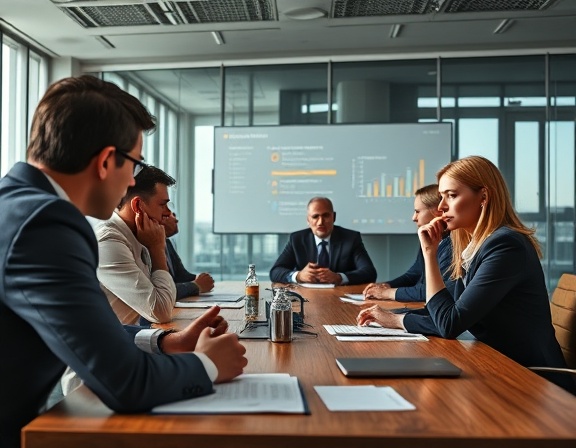 focused performance evaluation, scrutinizing results, identifying improvements, photorealistic, modern boardroom with team members, highly detailed, animated feedback loops, HDR quality, muted palette, directional daylight, shot with a 50mm lens.