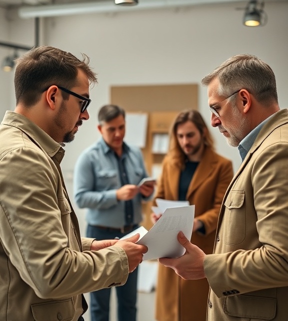 tactical marketing strategy, calculated, preparing resources, photorealistic, strategic planning studio, highly detailed, authoritative figures discussing, ultra-detailed focus, beige and olive tones, strategic overhead lighting, shot with a 55mm lens.