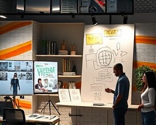 visionary marketing campaign, creative, visualizing outcomes, photorealistic, design studio adorned with concept art, highly detailed, team member sketching, epic detail, vibrant colors, spotlight accents, shot with a 29mm lens.