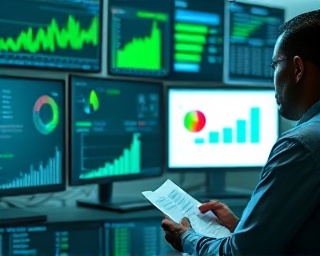 analytical marketing analytics, insightful, interpreting figures, photorealistic, analytics lab with multiple displays and graphs, highly detailed, analyst taking notes, ultra-clear resolution, green and grey hues, subdued indirect lighting, shot with a 70mm lens.