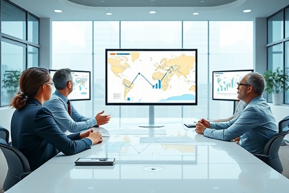 cutting-edge digital strategy, confident, mapping out territory, photorealistic, business meeting room with charts and screens, highly detailed, interactive presentation, 4K quality, sleek colors, soft ambient light, shot with a 50mm lens.