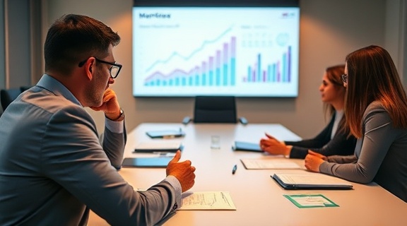 dynamic digital strategy, thoughtful, analyzing market trends, photorealistic, corporate boardroom with graphs and data projections, highly detailed, strategic planning, ultra-detail resolution, neutral colors, overhead lighting, shot with a macro lens.
