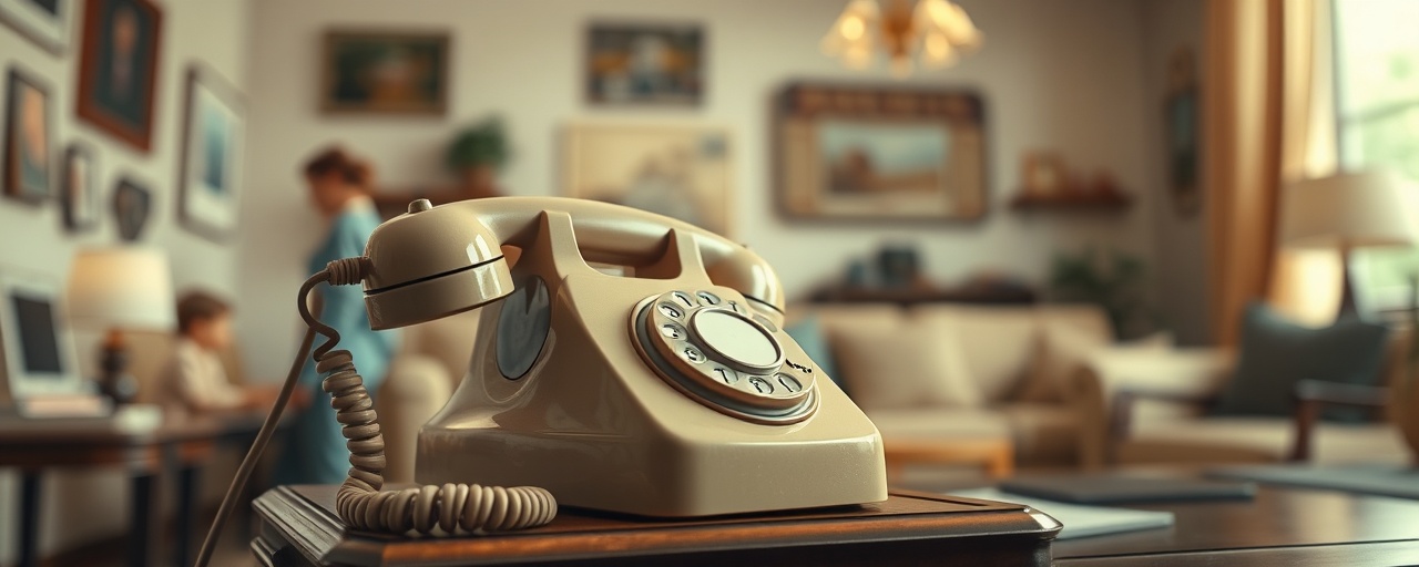 vintage contact phone, nostalgic expression, ringing amidst a busy environment, photorealistic, located in a retro-themed living room, highly detailed, capturing the subtle vibration of the phone, ultra-high resolution, pastel colors, soft warm lighting, shot with a 50mm prime lens.