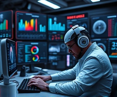 advanced SEO tools, inquisitive, analyzing data efficiently, photorealistic, high-tech workspace with futuristic gadgets, highly detailed, holographic UI elements, wide angle view, monochromatic finishes, spot lighting, shot with an 18mm lens