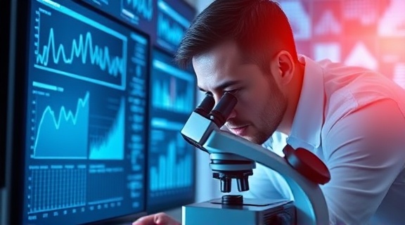 insightful marketing analytics, concentrated, examining trends, photorealistic, analytics power center with multiple datasets, highly detailed, researcher focused on screen, microscope accuracy, blue and white scheme, luminous backlight, shot with a 60mm lens.