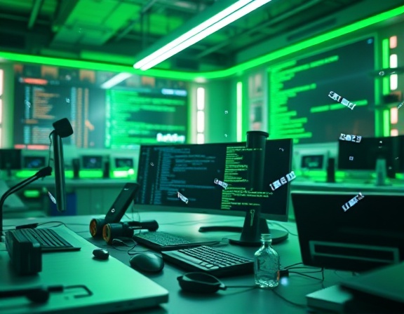 dynamic website development, futuristic interface, coding and innovating, photorealistic, futuristic office filled with tech gadgets, highly detailed, code snippets flying across the scene, captured in 4K quality, lush green and gray palette, bright LED lighting, shot with a macro lens.