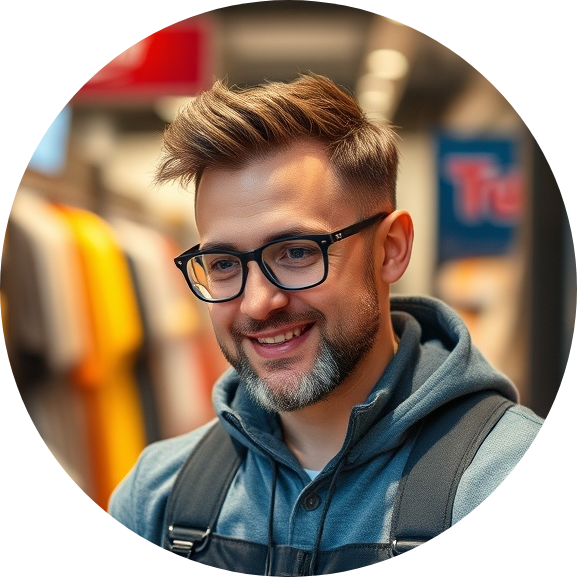 Male online retailer showcasing products in a modern e-commerce setup.