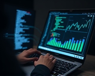 digital marketing initiative, determined, optimizing SEO, photorealistic, digital workspace with code and graphs displayed, highly detailed, coder typing on a laptop, high-resolution, monochromatic palette, artificial screen glow, shot with an 85mm lens.