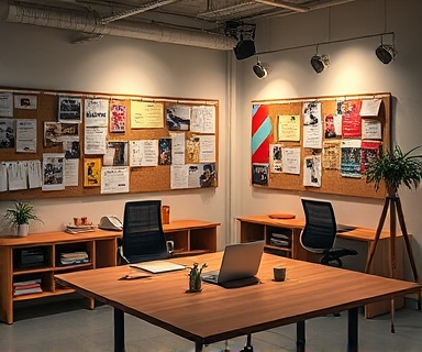 innovative digital advertising, persuasive, crafting persuasive ad copy, photorealistic, professional office space with mood boards, highly detailed, ad campaign brainstorm, HDR imaging, bold colors, diffused lighting, shot with a 24mm lens.