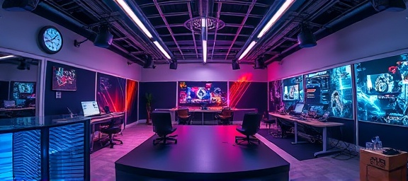 immersive digital media, enthralled, curating interactive experiences, photorealistic, creative studio with VR equipment and multimedia displays, highly detailed, innovation at work, ultra-HD, vivid colors, futuristic lighting, shot with a fisheye lens.