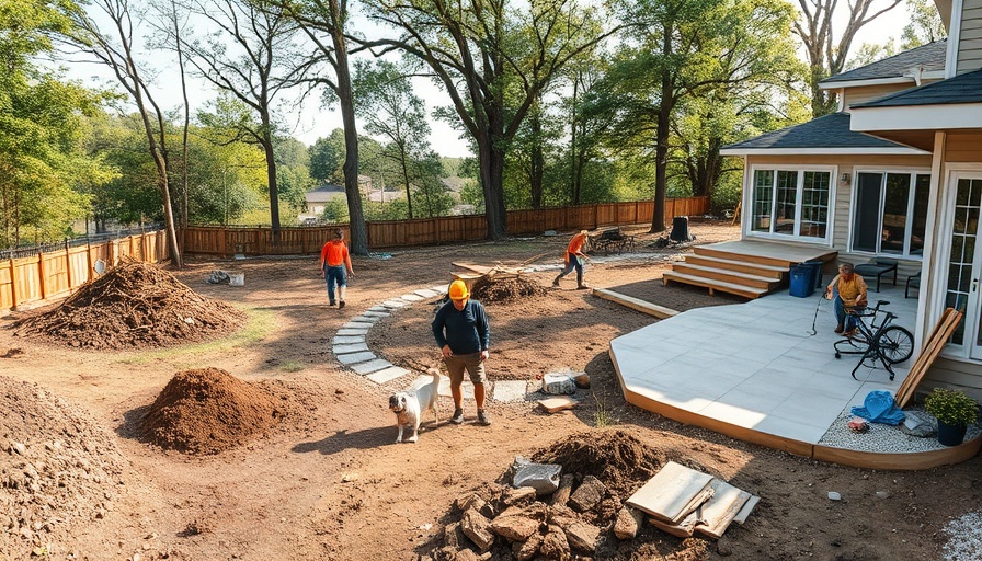Aerial view of California backyard remodeling, showing stone path construction.