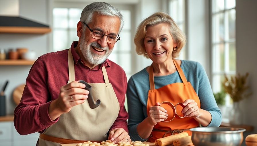 Senior couple baking holiday cookies in a bright kitchen.