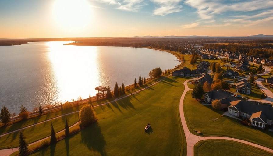 Aerial view of One Lake Community, California at sunset.