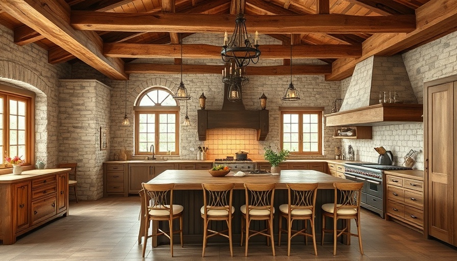 Rustic country-style kitchen with wood beams and island, warm lighting.