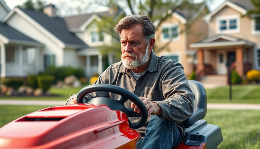 Middle-aged man mowing lawn in suburban neighborhood, how much to pay for lawn mowing.