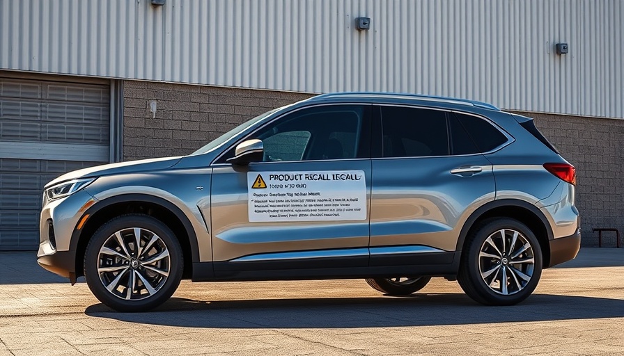 SUV with product recall warning sign for Ford vehicle recall engine fire risks.