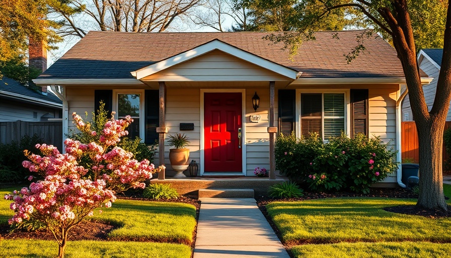 Charming suburban California home with red door and garden.