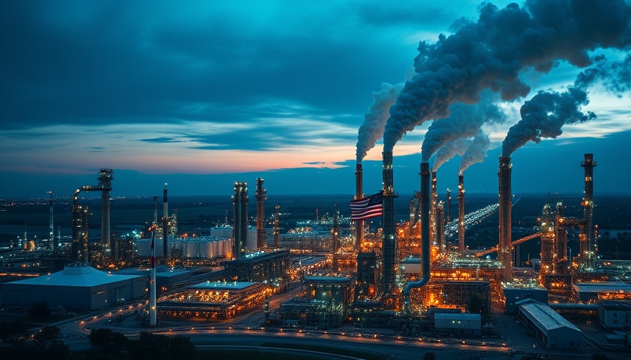 Aerial view of an industrial refinery at twilight with smoke rising, symbolizing the impact of climate laws.